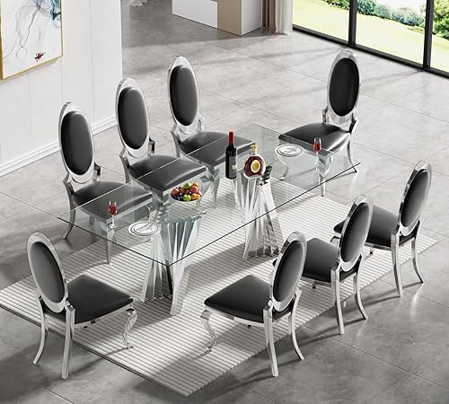 Miniatura 53 de SSLine Moderno juego de mesa de comedor de cristal de 7 piezas para 6 mesas de cocina y sillas de cristal dorado de lujo para 6 elegantes mesas de
