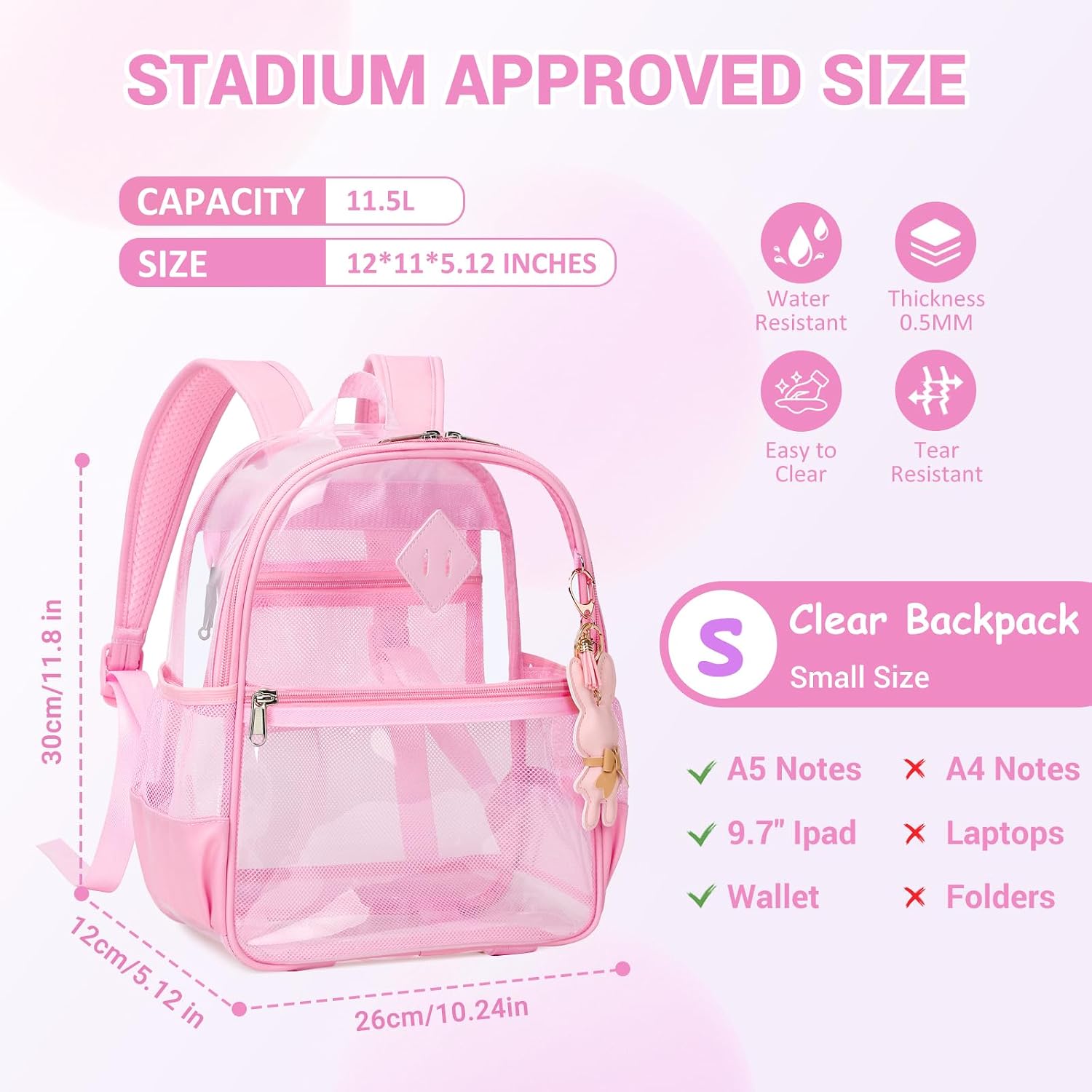 MUSEVOS Clear Backpack for Stadium Events Approved 12×6×12, Thick TPU Mini Clear Bag with Front Pocket for Concert Sport Events Work Travel, Pure Pink image 3