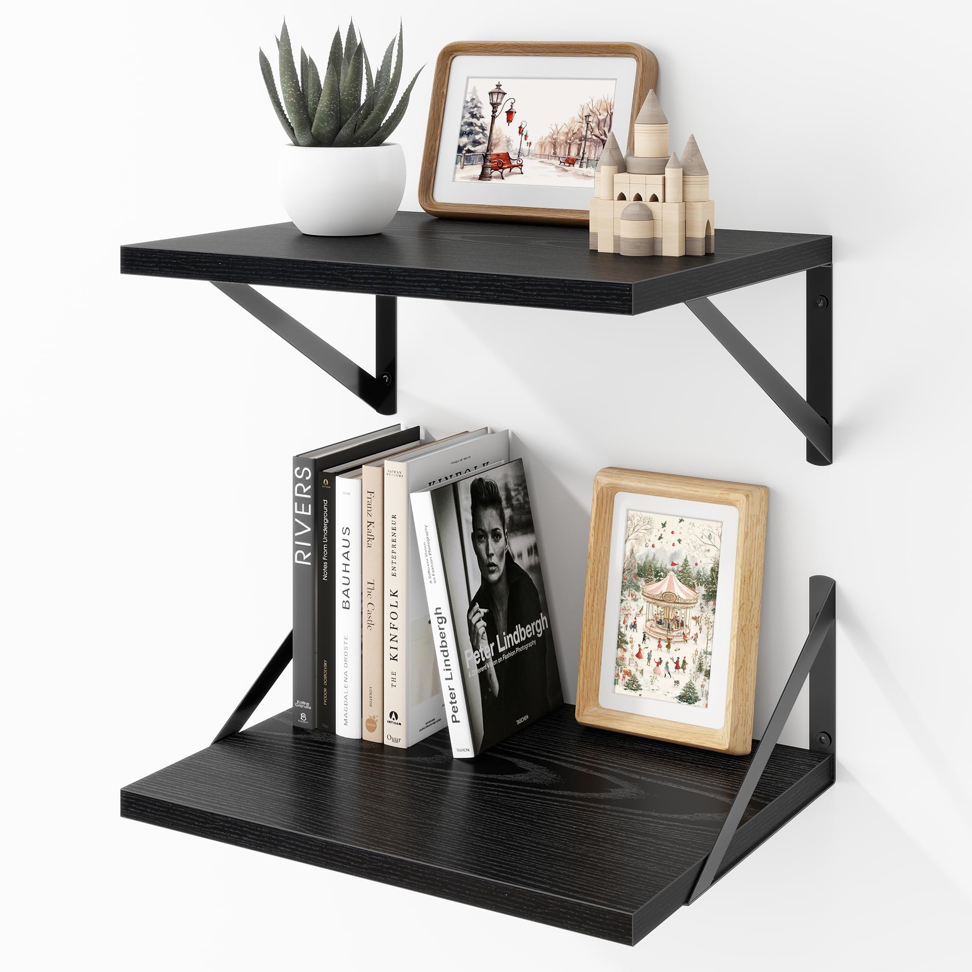Acovy Deep Floating Shelves Wall Mounted, 16"x12" Black Wall Shelves with Brackets Set of 2 for Bedroom, Living Room, Bathroom, Kitchen, Office - Storage & Display Shelf for Decor, Books, Plants