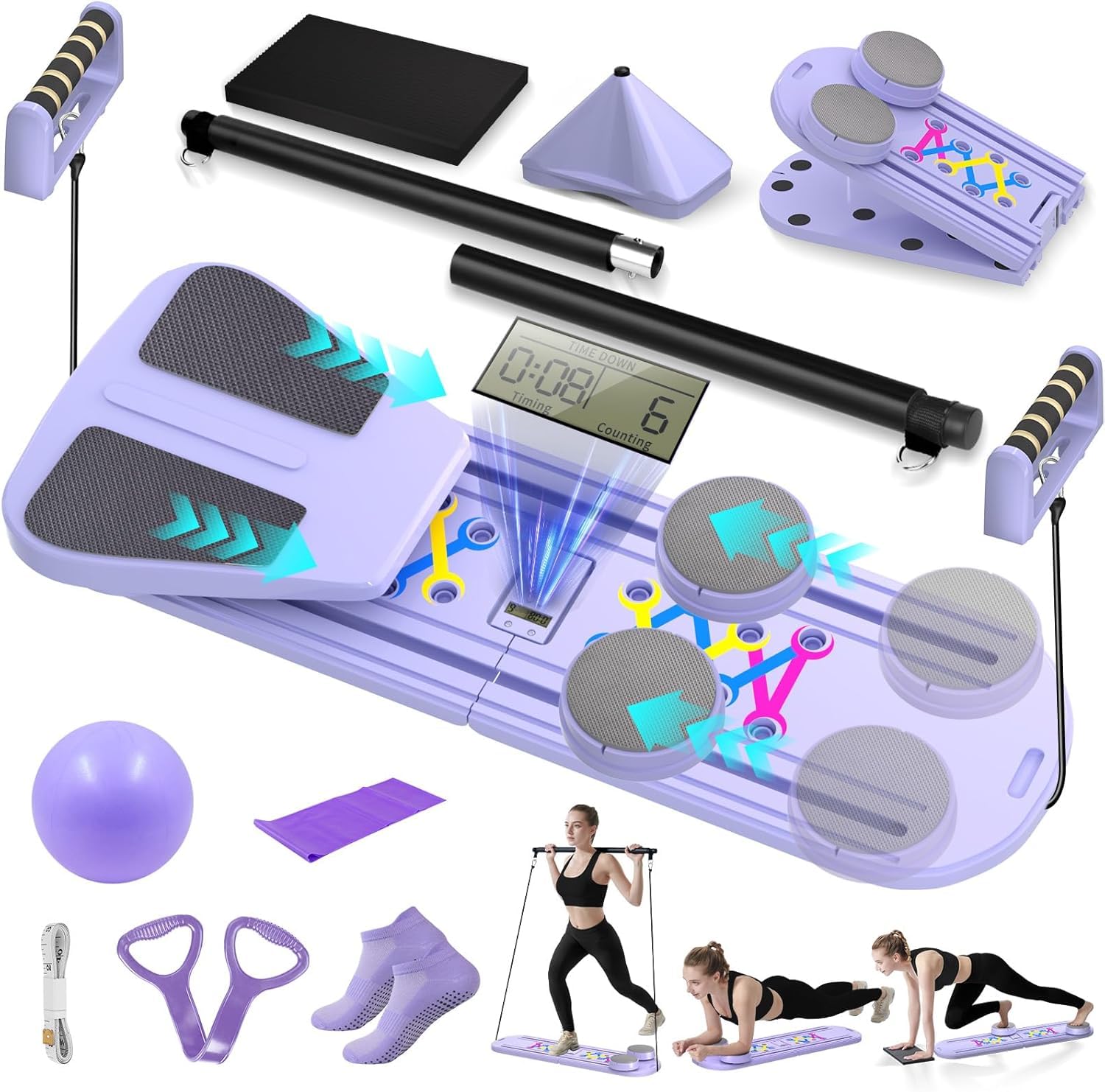 Pilates Board, Tragbares Faltbares Pilates Reformer Set, Vielseitige Pilates Board für Zuhause, Helllila