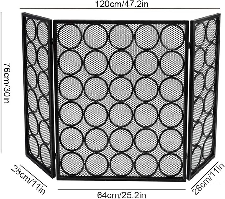 3-Panel Fireplace Screen - Foldable Iron Spark Guard with Metal Mesh, Freestanding Fire Safety Guard for Living Room, Outdoor Grills, Wood Burning Stoves & Fireplaces (Black)