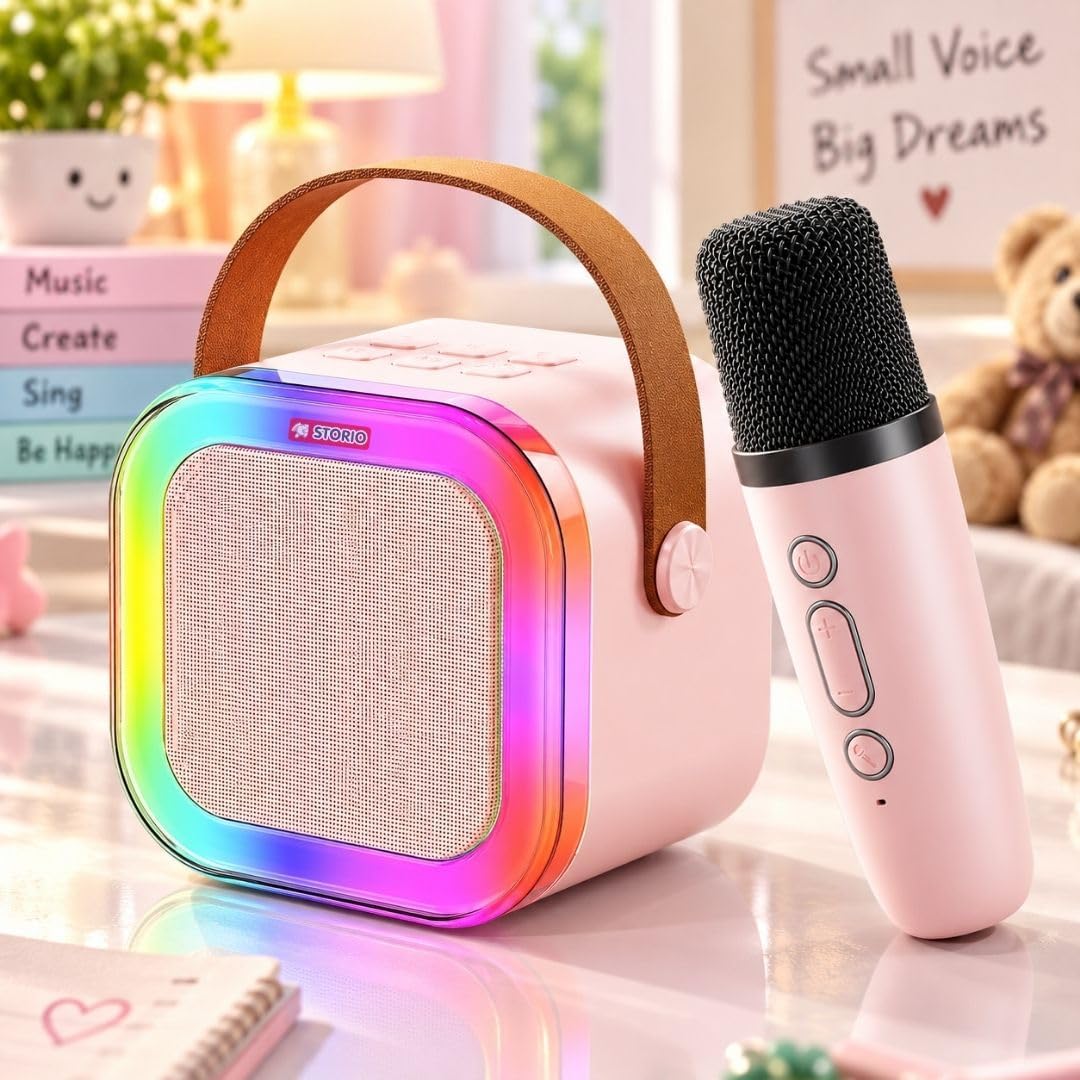 Storio Rechargeable Wireless Mini Portable Bluetooth Karaoke Machine | Bluetooth Speaker with Microphone & LED Lights - Kids Music Singing Toys for Girl Boy Birthday Gift Ideas