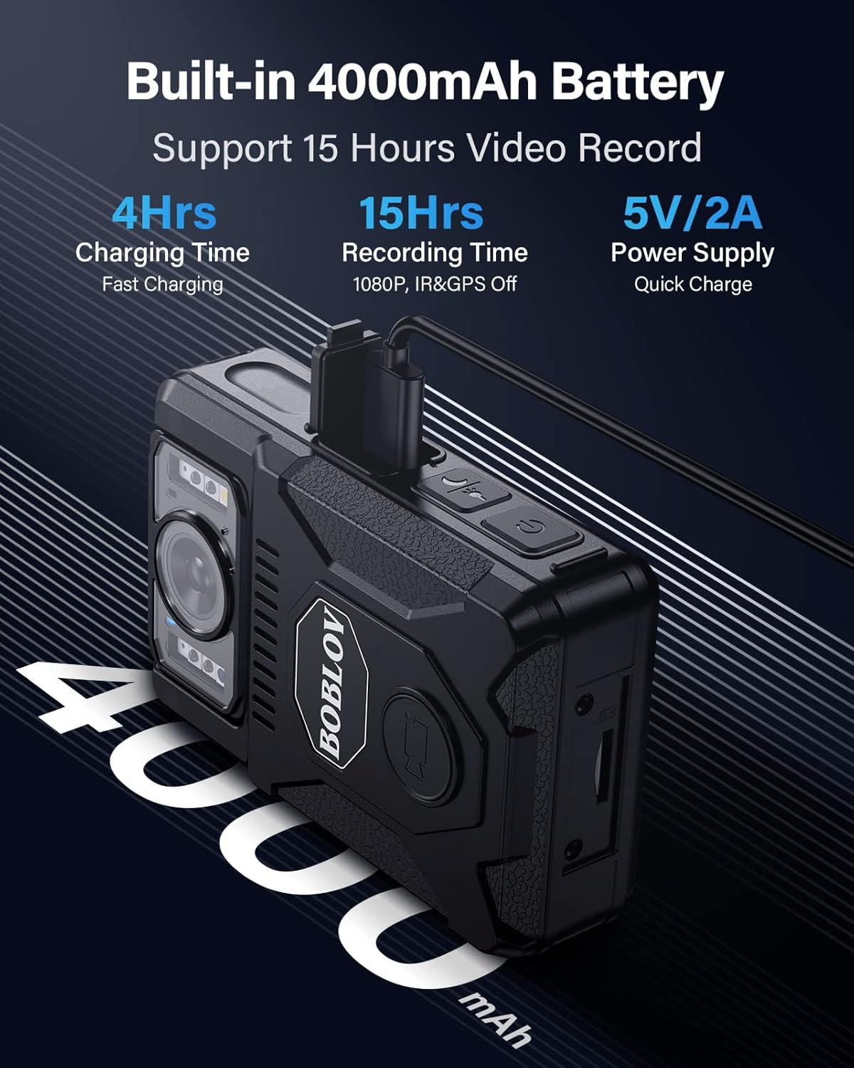 BOBLOV M7 Body Camera with 4000mAh battery and charging details