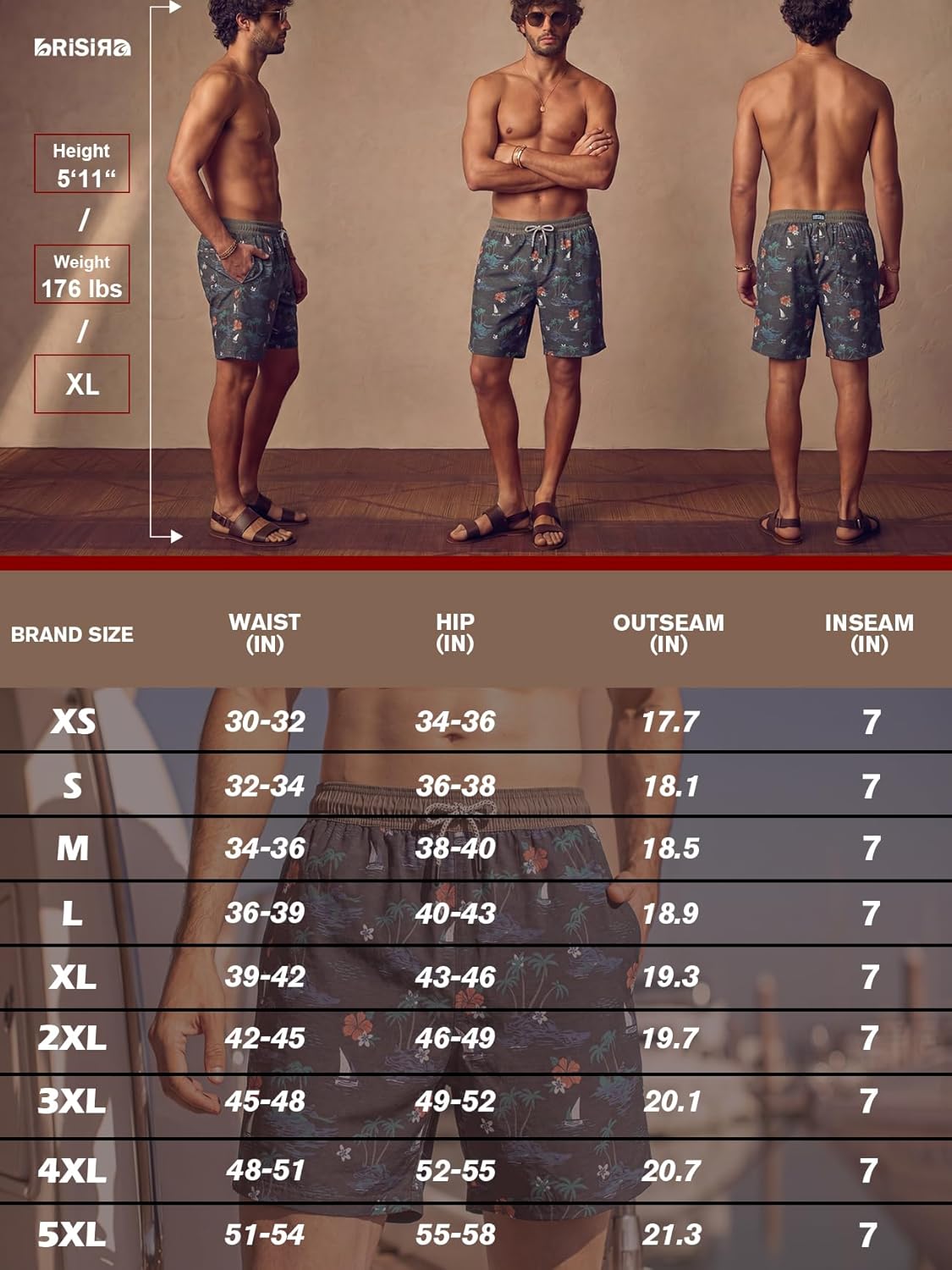 BRISIRA Mens Vintage Swim Trunks with Compression Liner 7 inch Bathing Suit 80s 90s Retro Swim Short Beach Cotton Swimsuit