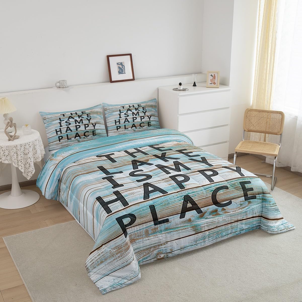 Erosebridal Lake Theme Comforter Set, Lake House Twin Size Style Bedding Vintage Beige Wooden Plank Theme Bedding Comforter Sets for Children Teens Young Boys Girls, Lake Life Quilt with 1 Pillowcase