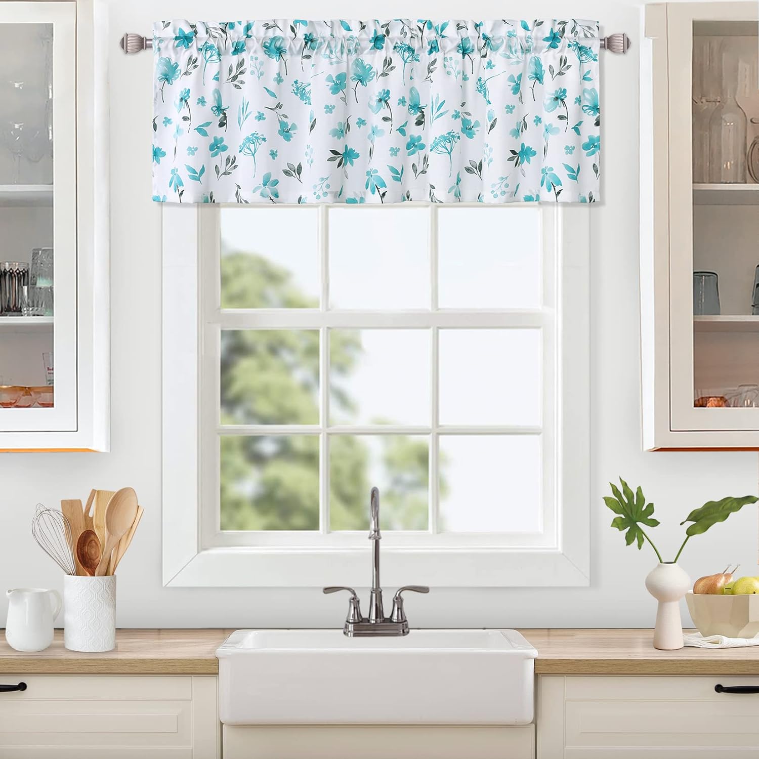 HOMERRY Window Valances Curtains Teal Farmhouse Watercolor Flower Leaf Design Window Treatment