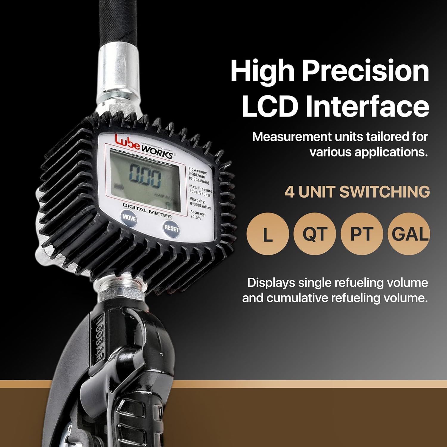 Oil Control Valve Digital Meter Dispensing Nozzle 10GPM/35LPM Heavy Duty Air Operated Pneumatic 1/2" inch NPT Inlet Pressure Range 7-725 Psi 5-50 Bar with Flexible Spout (Not for Gasoline)