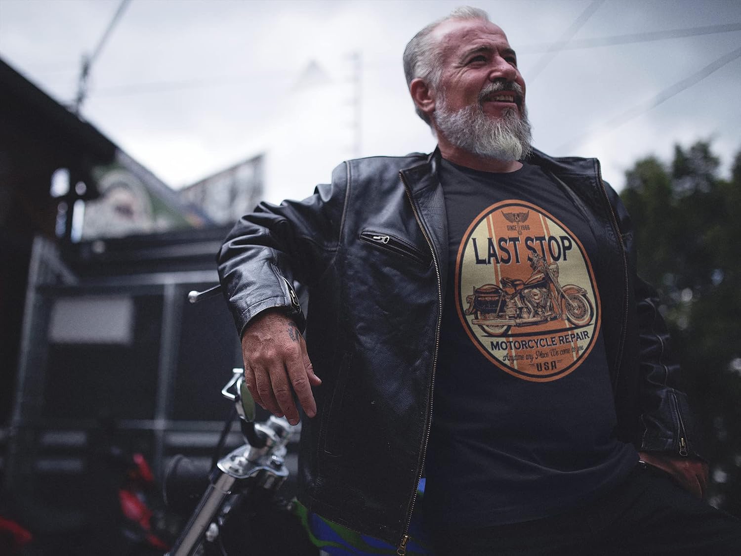 Last Stop Motorcycle T-Shirt Biker Rider Route 66 Harley Vintage Mens Black Tee