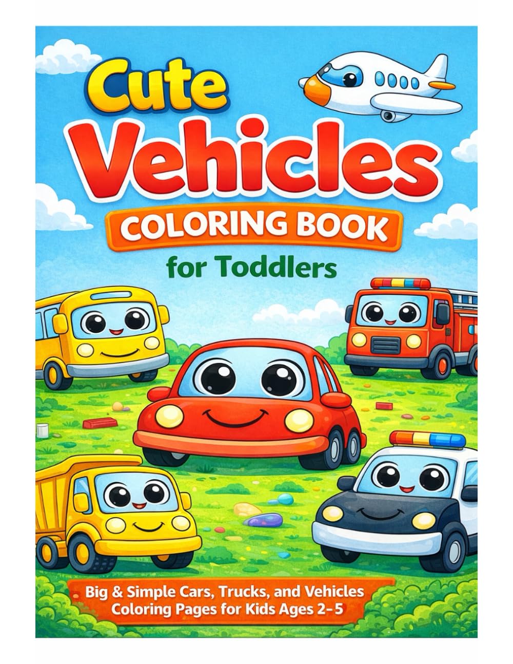 Cute Vehicles Coloring Book for Toddlers: Big & Simple Cars, Trucks, and Vehicles Coloring Pages for Kids Ages 2–5
