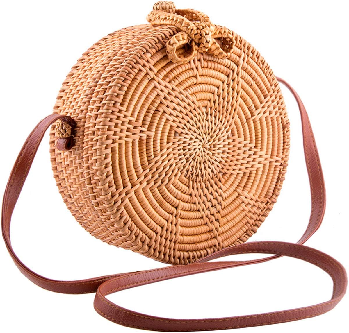 BINGONE Handmade Round Ata Rattan Bag - Boho Shoulder Straw Bag - Crossbody Purse Women