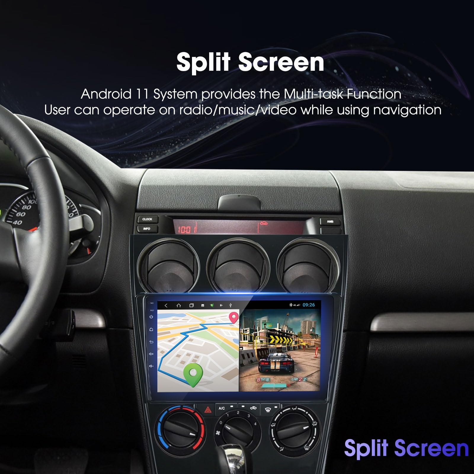 EZoneTronics Android 13 Radio Coche para Mazda 6 Atenza 2002-2008 con Wireless Carplay Android Auto 2 DIN 9 Pulgadas Pantalla táctil GPS navegación SWC Bluetooth USB WiFi FM/RDS Radio Player 2G +32G