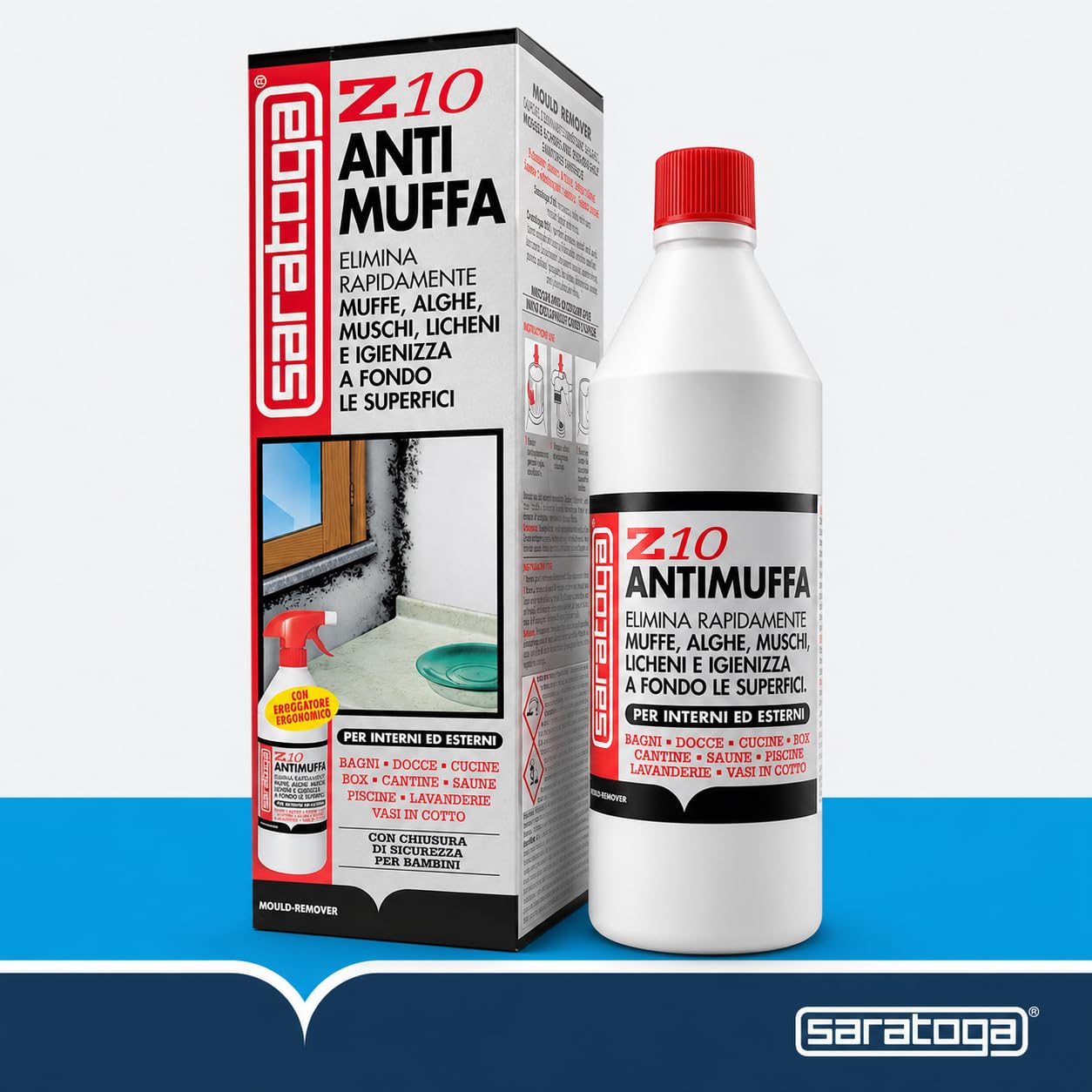 SARATOGA Spray Antimuffa Saratoga Z10 Elimina Muffe Alghe Muschi Licheni, per uso Interno ed Esterno, Spruzzatore Ergonomico API 1 Litro