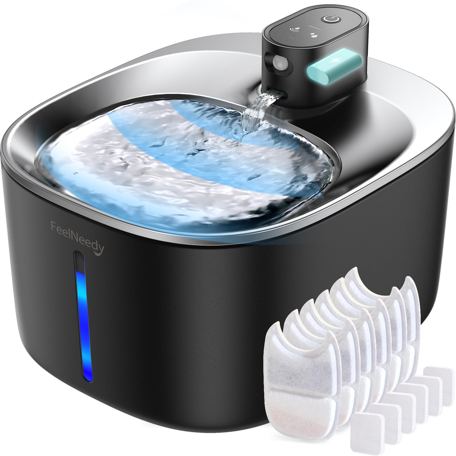 Fontanella per Gatti Senza Fili Acciaio A Batteria Con Sensore Di Movimento, FEELNEEDY 4 Litri Fontana d'Acqua Fresca Senza Corrente, Silenziosa, 4000mah, Con 6 Filtri e 12 Spugne