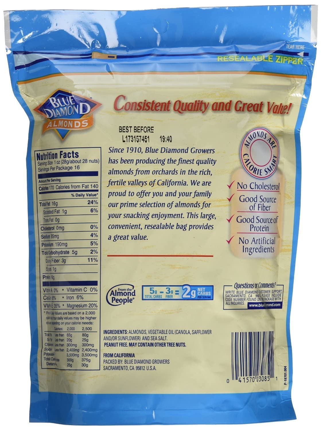 Blue Diamond Almonds, Roasted Salted Snack Nuts, 16 Ounce (Pack of 3) Roasted Salted 16 Ounce (Pack of 3)