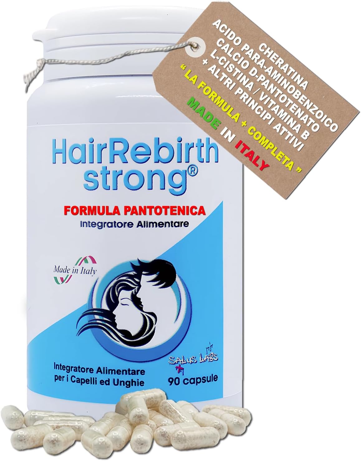 HAIR REBIRTH STRONG ® * 90 capsules * Nieuw etiket en Pantothene formule – krachtig en compleet * Voedingssupplement tegen haaruitval en haargroei * Made in Italy