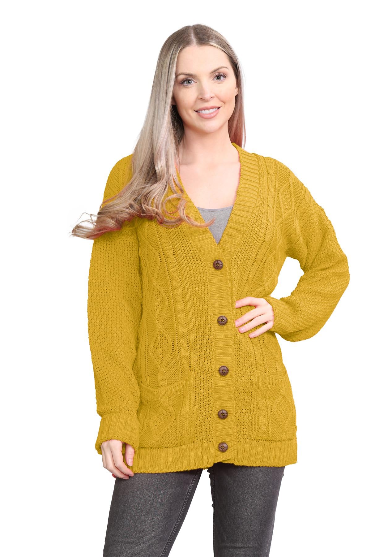 Janisramone Women's Mustard Janisramone® Long Sleeve Chunky Cardigans For Uk, V Neck Button Up Cable Knit Cardigans, Warm Winter Long Jumpers Top For Casual And Daily Knitwear Cardigan