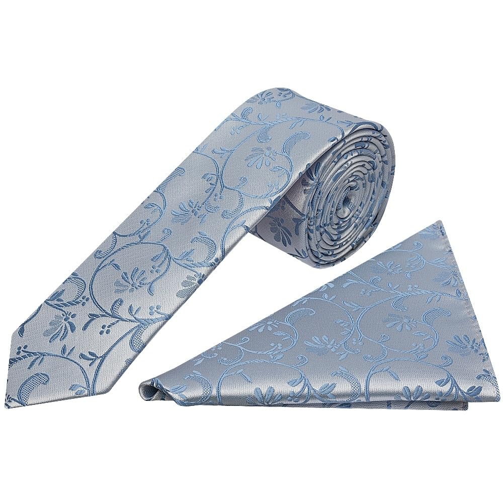 TIES R US Dusty Blue Floral Skinny Boys Tie and Pocket Square Set