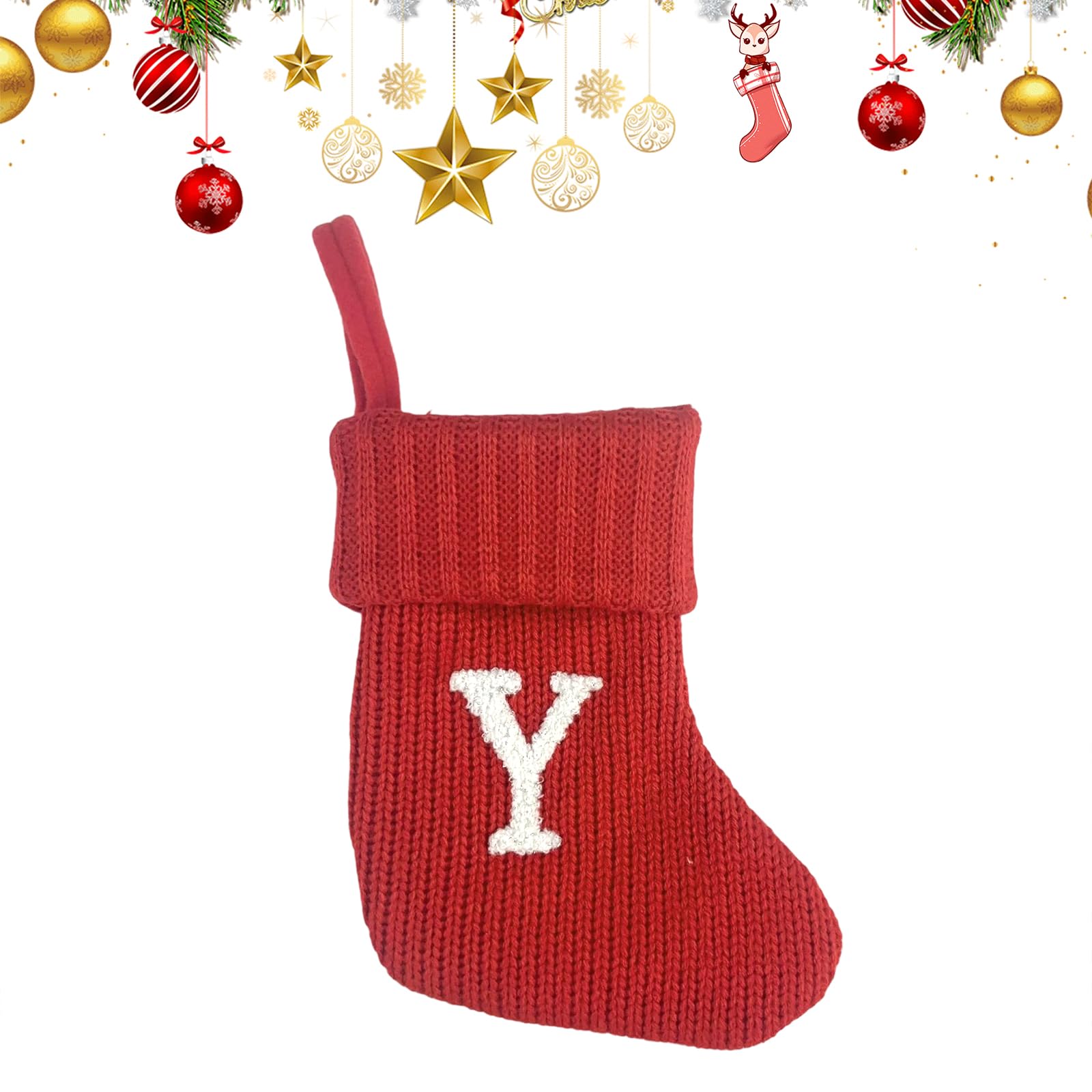 Uoaesr Y Christmas Stocking, Knitted Festive Sock With Embroidered Letter, 18X15cm Personalized Christmas Stockings, Hanging Stocking For Fireplace & Tree Decor, Personalised Gift Bag (Y)
