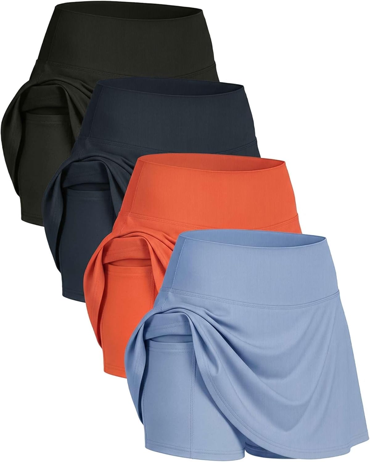 Real Essentials 4 Pack: Women's Ribbed Active Skort Pockets Skirt Running Tennis Golf Workout Sports (Available in Plus)