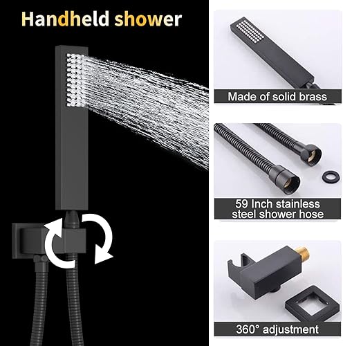 Miniatura 6 de AYIVG Accesorios de ducha de techo con boquilla de bañera, cabezal de ducha cuadrado negro mate con rociador de mano y control de temperatura,