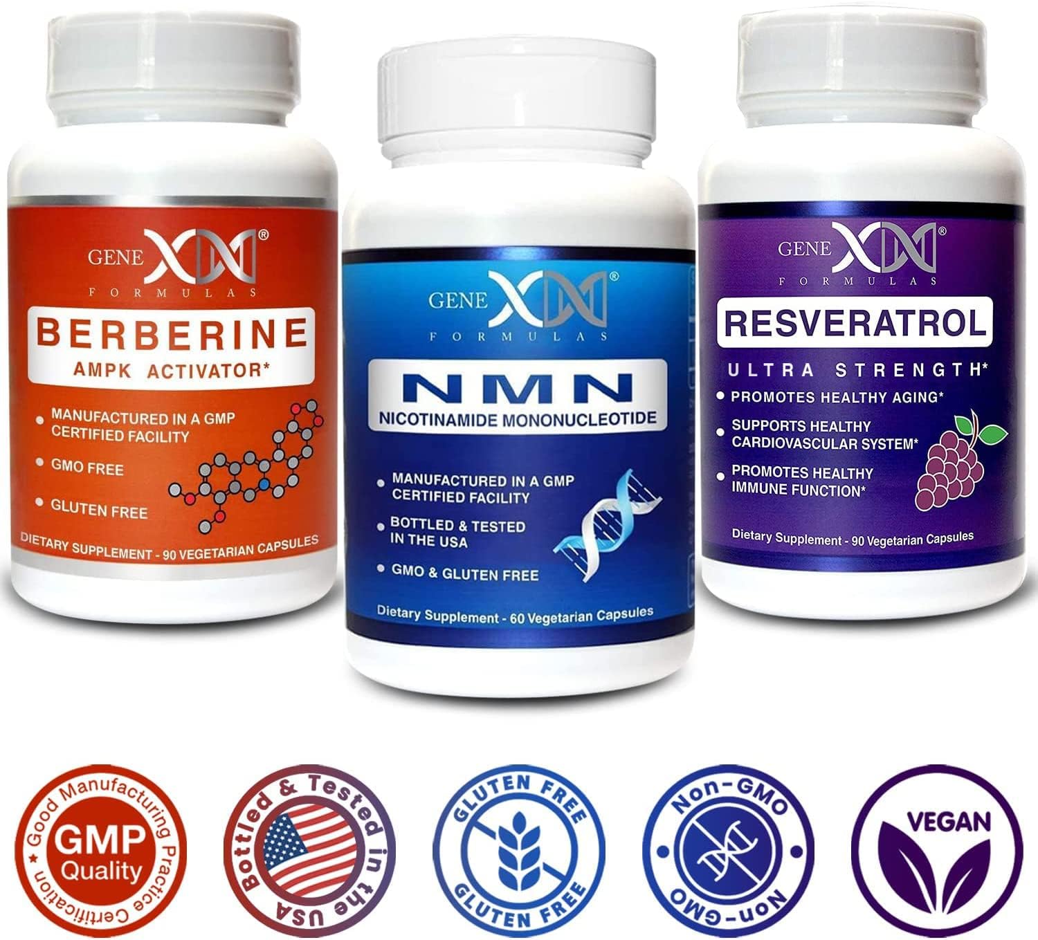 GENEX NMN, Resveratrol, and Berberine Power Pack Supplements | 250mg Nicotinamide Mononucleotide (NMN), Ultra Strength 500mg Resveratrol, & AMPK Activator Berberine 500mg for Healthy Aging (3 Bottles)