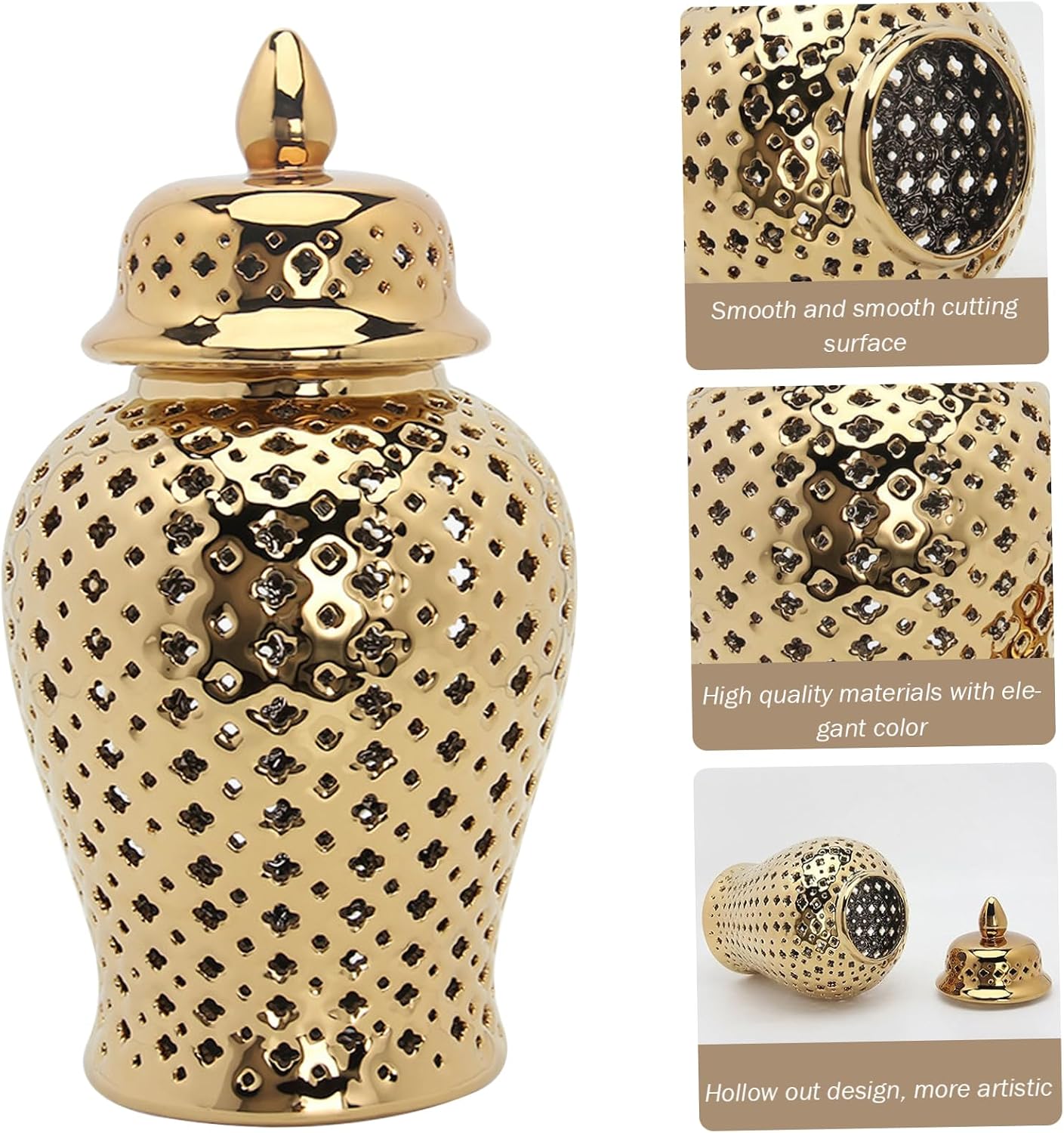 Ginger Jar with Lid Lattice Ceramic Hollow Decorative Gold Ginger Jar Minimalist Ginger Jars for Home Decor Vase Living Room TV Stand 5.9x11inch