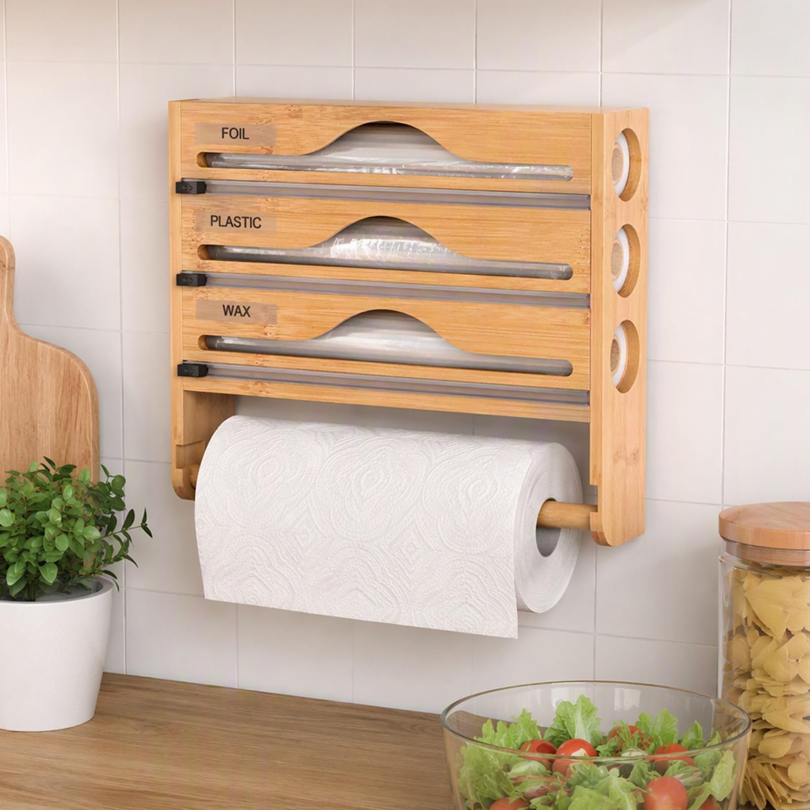 3-in-1 Bambus-Frischhaltefolienspender Bambusfolienspender und -schneider