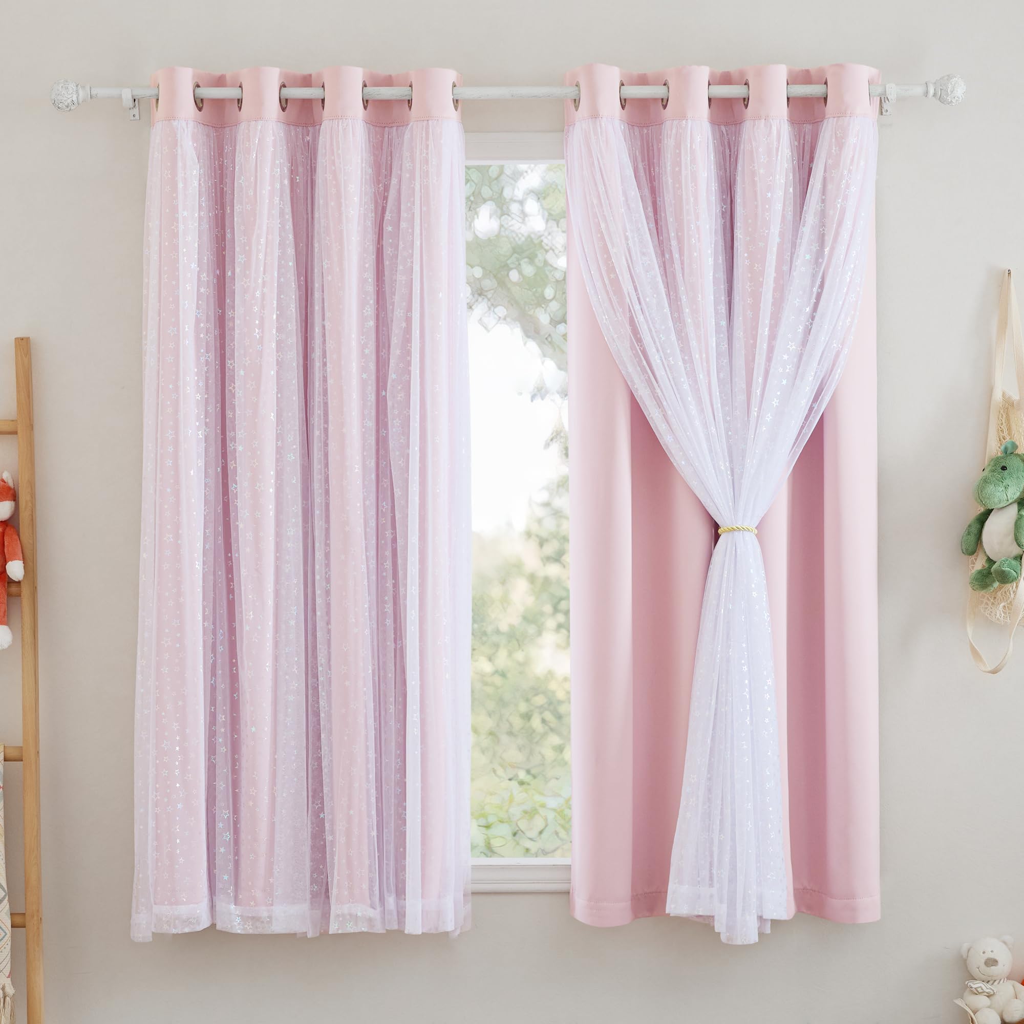 NICETOWN Cortinas Infantiles Niña Cortinas Dobles con Ojales Cortinas Termicas Aislantes Frio y Calor 2 Piezas Cortinas Opacas Cortas con Gasa de Estrellas Láser, 132x160 cm, Rosa Claro