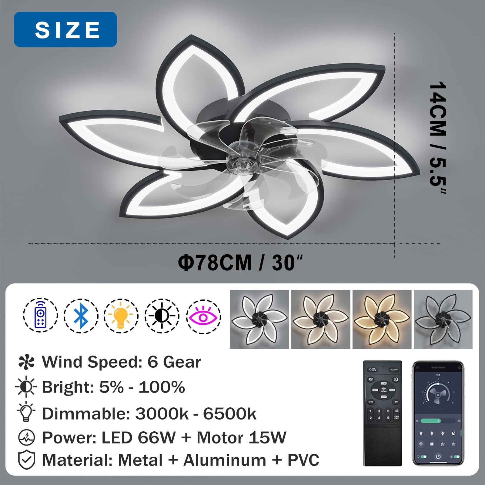 YUNZI Mute Ventilador de Techo con luz con Mando a Distancia, LED Regulable Lámpara de Techo Moderno Ventilador de Techo Iluminación para Salón Dormitorio, Ajustable 6 velocidades, Negro 78CM