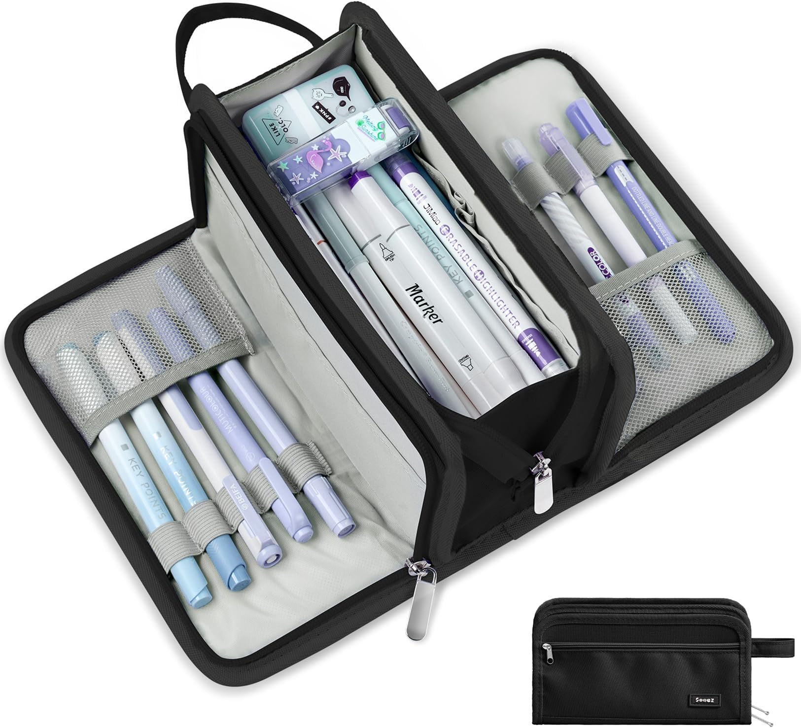 Sooez Large Pencil Case, Big Capacity Pencil Pouch Pen Bag with 3 Compartment, Portable Canvas Stationery Organizer with Zipper, Cute Aesthetic School Supplies for Teen Girls Boy, Pure Black