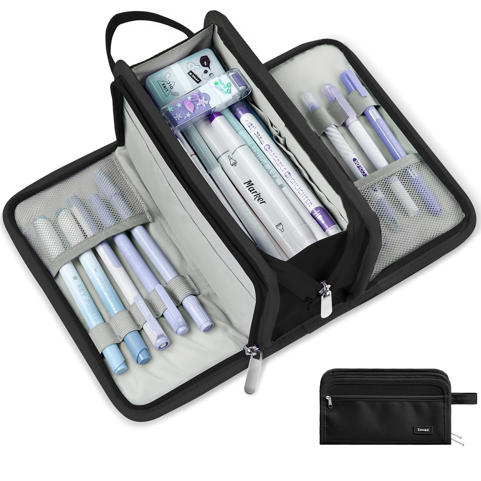 Sooez Large Pencil Case, Big Capacity Pencil Pouch Pen Bag with 3 Compartment, Portable Canvas Stationery Organizer with Zipper, Cute Aesthetic School Supplies for Teen Girls Boy, Pure Black