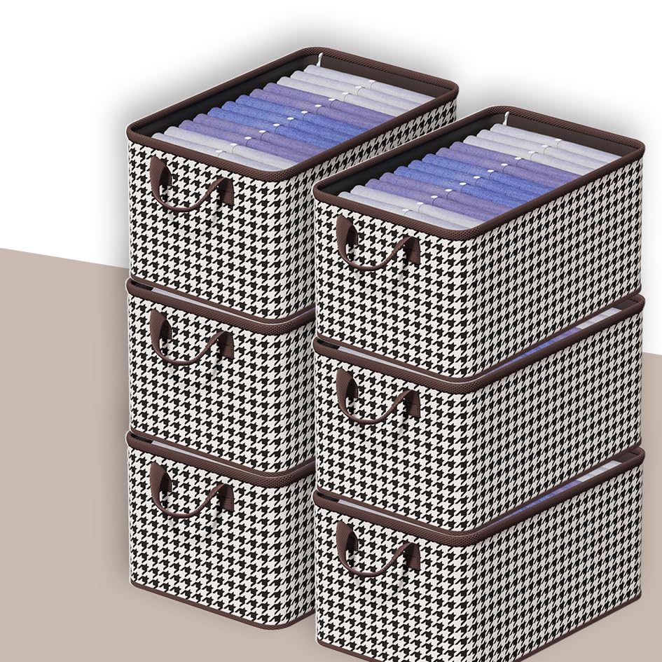 Image of PRIME PICK Foldable Clothes Storage Organizer Box with Handles, Non Woven Wardrobe Storage Bag for Clothes, Blankets and Toys, Black White (Black White Pack of 6)