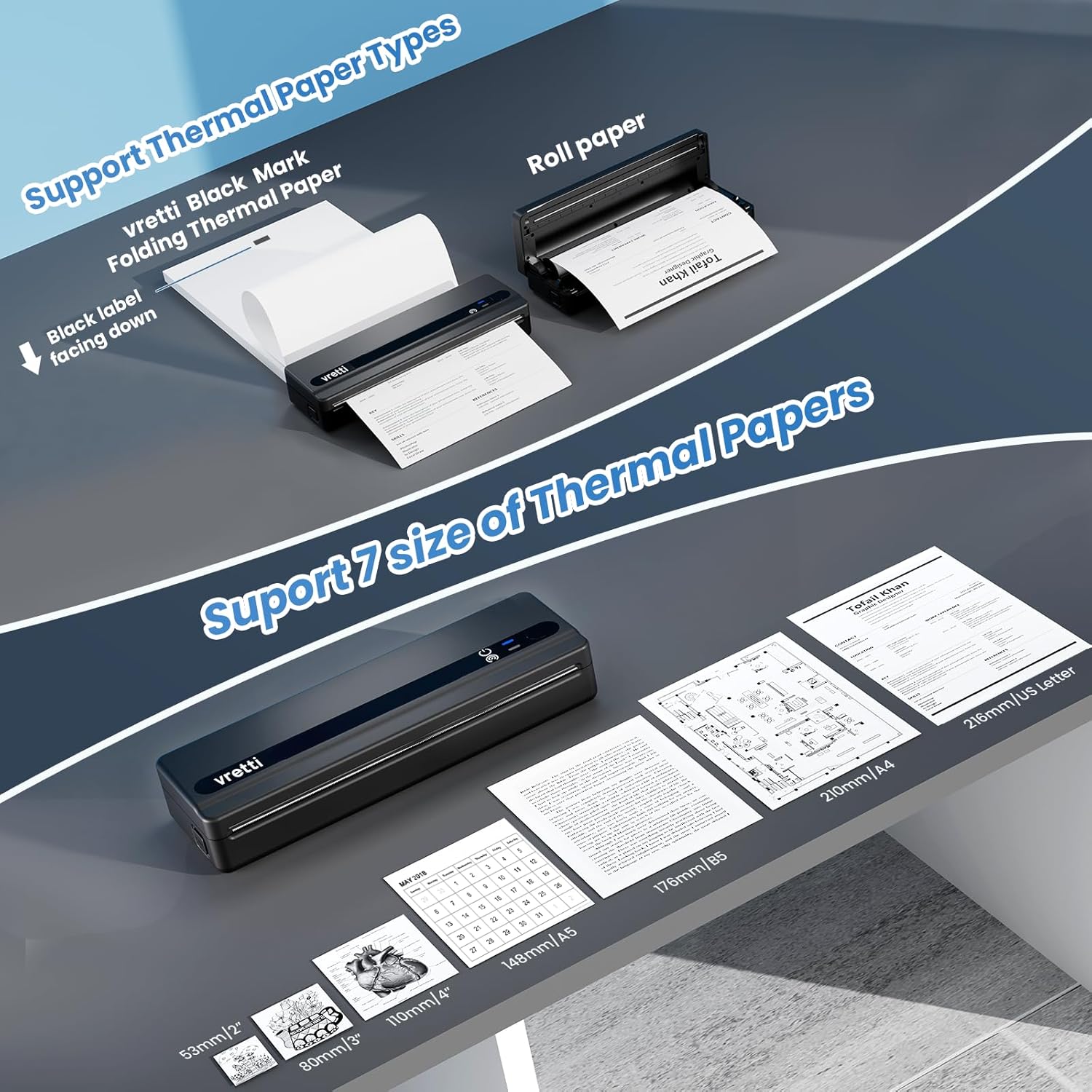 Diagram showing how to load vretti Black Mark Folding Thermal Paper and Roll paper into the printer, indicating the black label should face down.