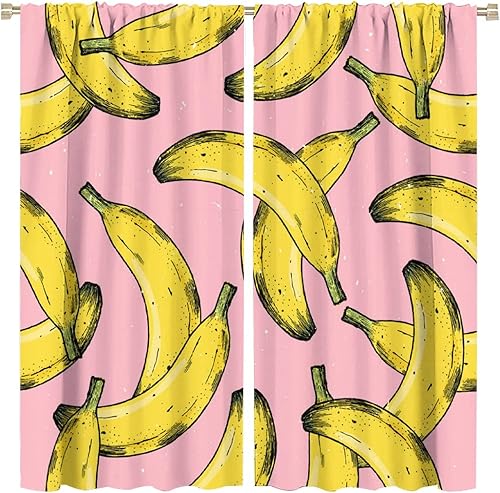 Cortinas de frutas maduras de plátano amarillo y rosa impresión artística para sala de estar, dormitorio, cocina, decoración de bolsillo para barra,