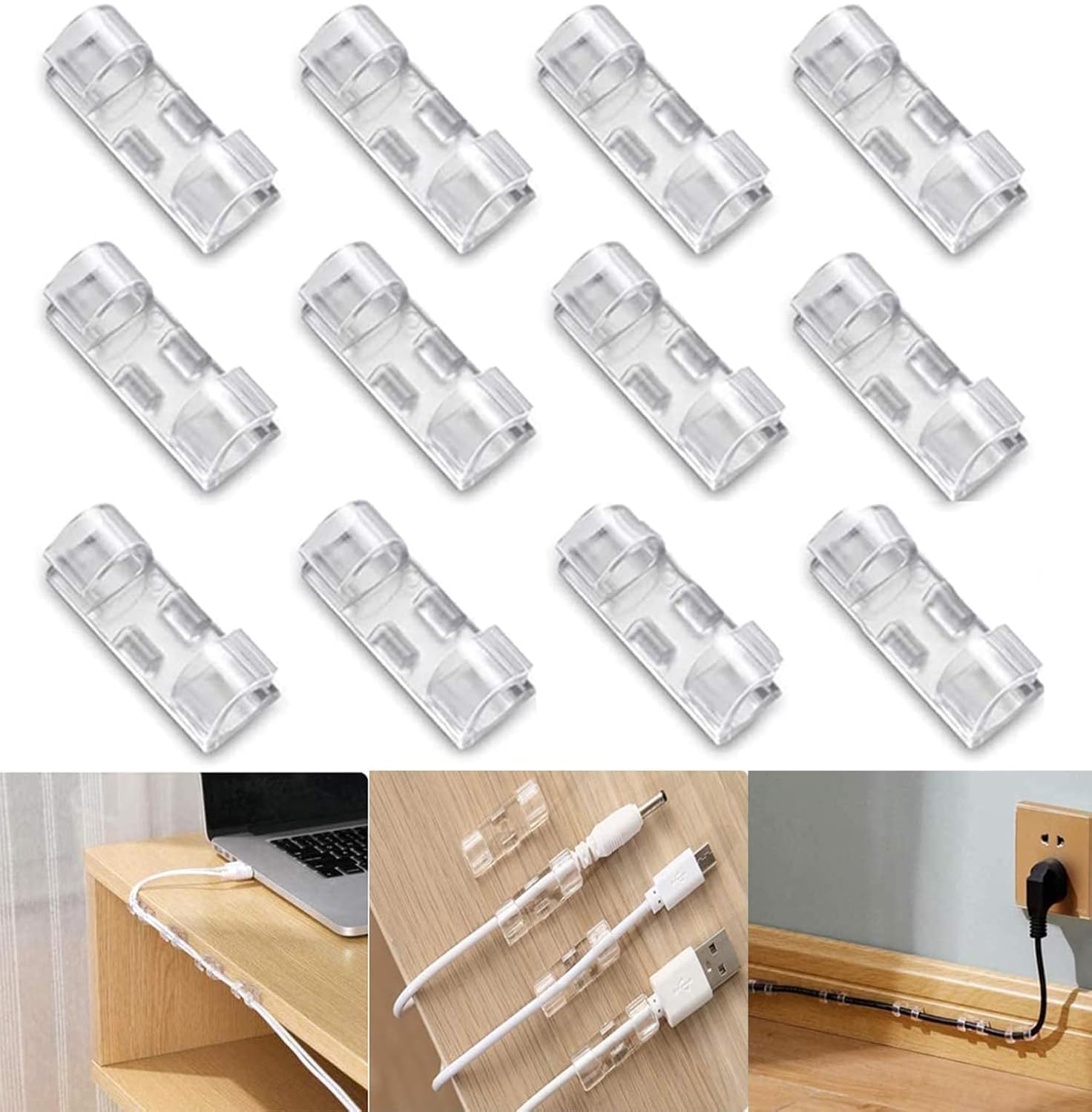 20 Pieces Wire Organizer Cable Management Clip Desktop Cord Hook with 3M Adhesive Foam-Transparent Premium Wire Holders for Wall, PC, Christmas Light Indoor/Outdoor-image-13