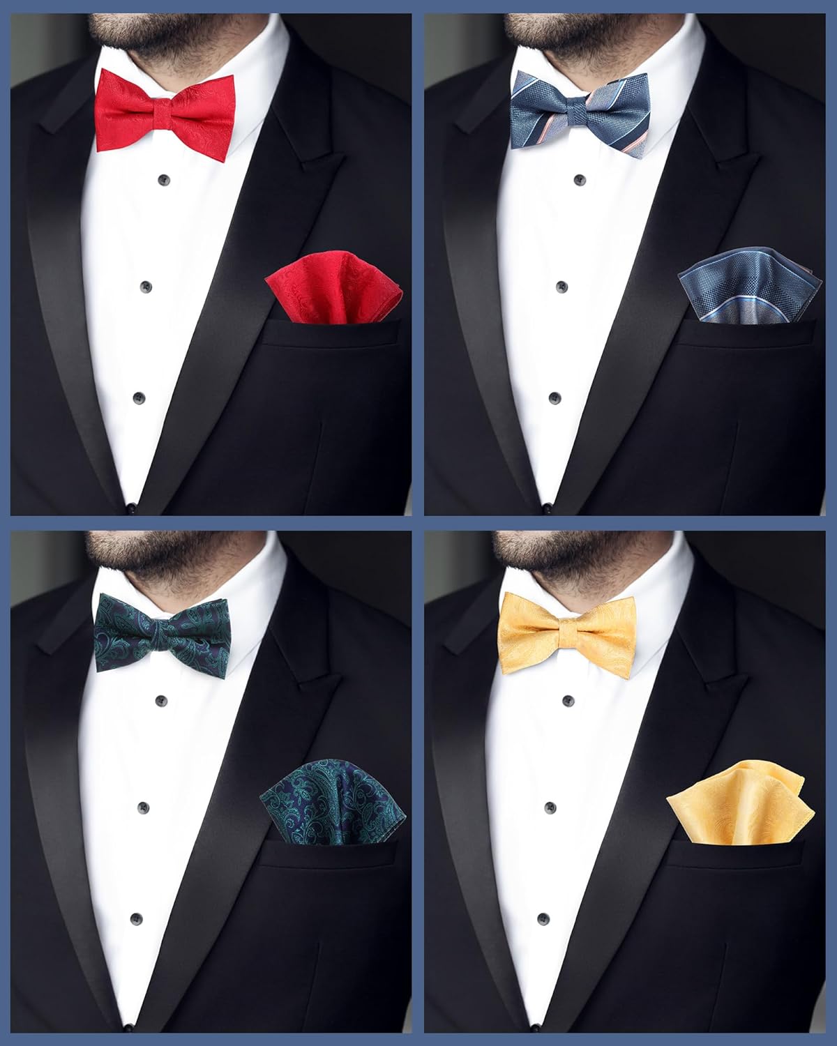 Chicingyou 12 Bowties for Men Bow Ties and Pocket Square Set and Cuff Link Self Pre Tied Clip on Bow for Wedding Formal Party