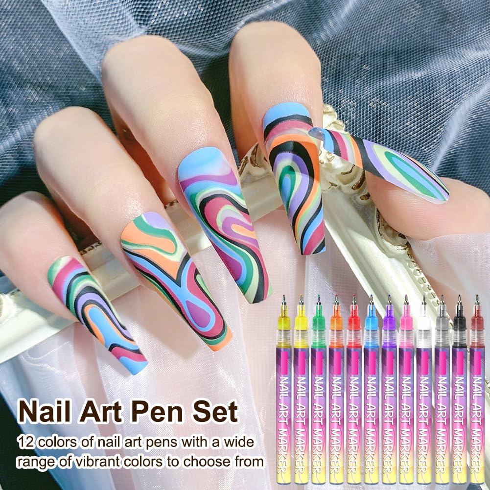 Zestaw pisaków do paznokci, 12 kolorów, pisak do paznokci DIY do rysowania linii, graffiti do nail art, narzędzia do manicure, wodoodporny, szybkoschnący, 3D Nail Art Pen, pisaki do lakieru do