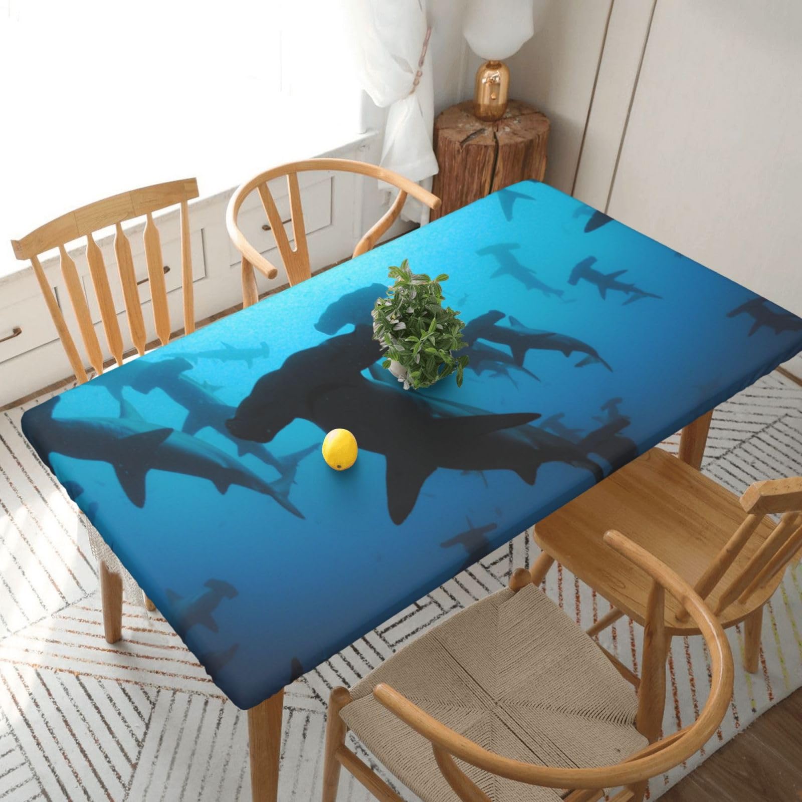 DCEHGEW Elastic Fitted Rectangle Tablecloth for 5ft Tables, Hammerhead Sharks Printed Oilproof & Washable Fabric Picnic Table Cloth Table Covers