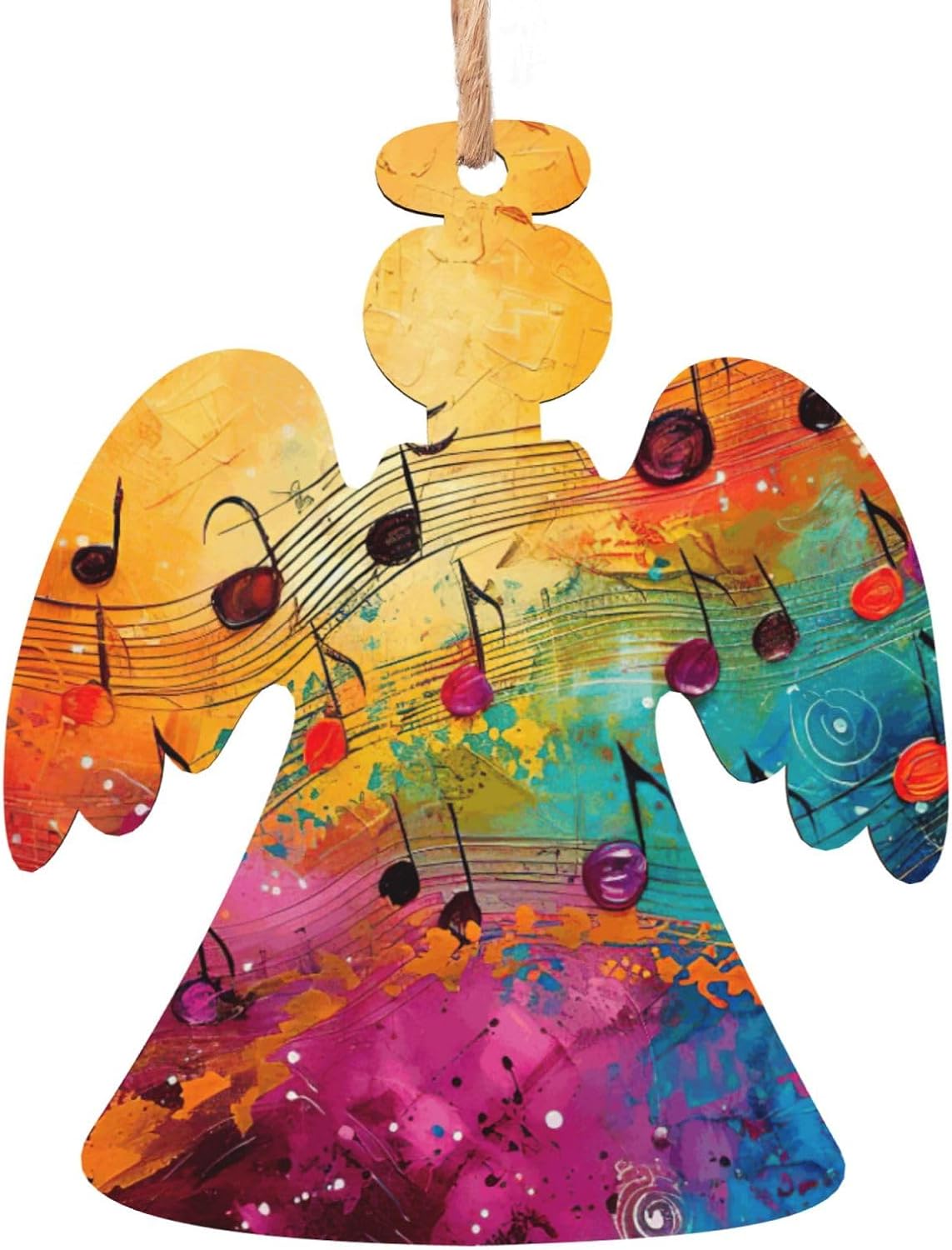 Colorful Music Notes Print Christmas Wooden Ornament Set 6pcs, Angel Bell Tree Snowman Shapes for Xmas Tree Holiday Decor
