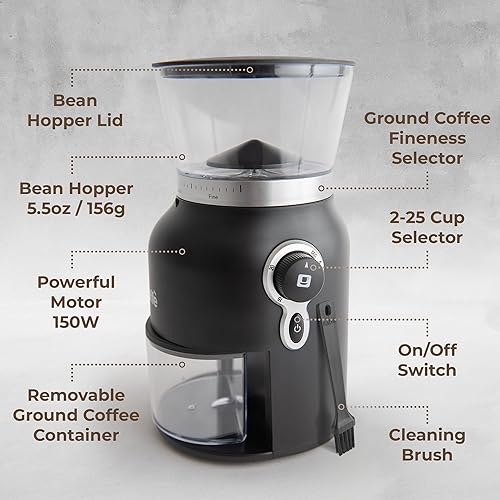 Miniatura 3 de Kaffe - Molinillo eléctrico de café (5.5 onzas), rebabas cónicas, 25 niveles de grosor ajustables, negro mate, cepillo de limpieza incluido