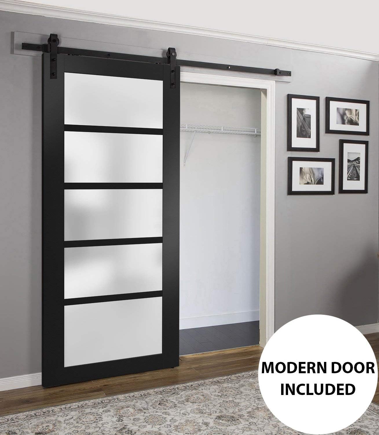 SARTODOORS Slab Barn Door Panel Frosted Glass | Quadro 4002 Black Matte | Sturdy Finished Doors | Pocket Closet Sliding-30 x 96"
