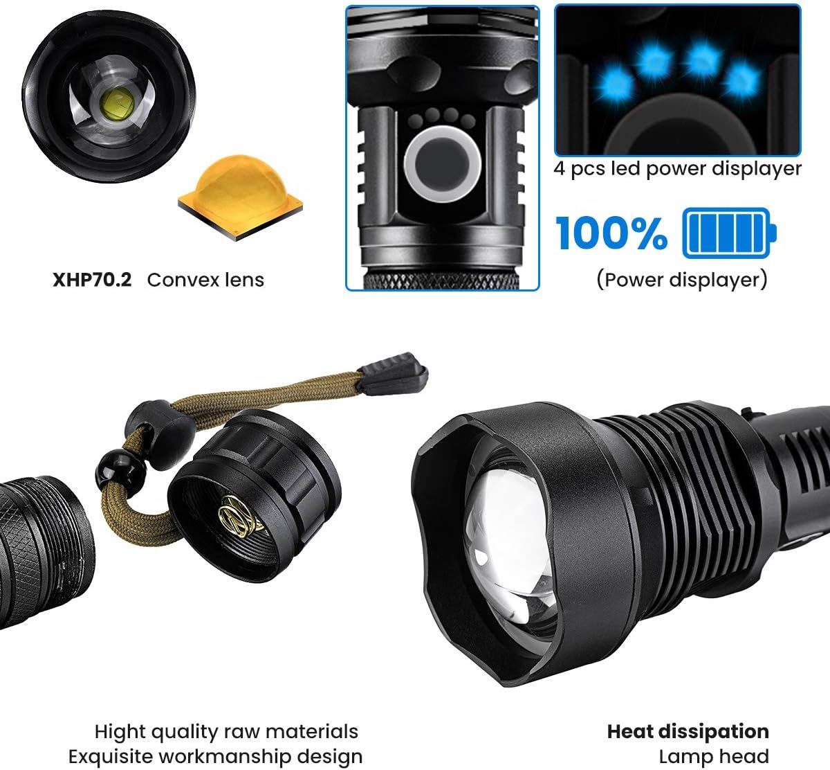 Super Bright Rechargeable LED Flashlights, 90000 Lumens XHP70.2 Tactical Flashlight, 10000mAh Parallel Battery, Zoomable&IPX5 Waterproof : Tools & Home Improvement