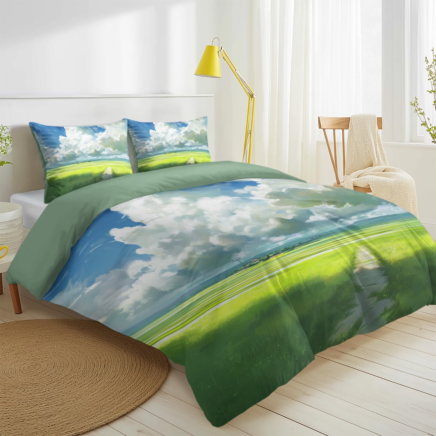 Bettwäsche 220 x 240 cm Mehrfarbig, Bettbezug Anime Cartoon Ruhig Natürlich Heilend Landschaft Felder Reversibel Atmungsaktiv Microfaser Bettwaren-Set für Kinderzimmer mit Reißverschluss