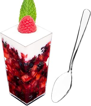 DLux 100 x 3 oz Mini Dessert Cups with Spoons, Square Tall - Clear Plastic Parfait Appetizer Cup - Small Reusable Serving Bowl for Party Desserts Appetizers - with Recipe Ebook