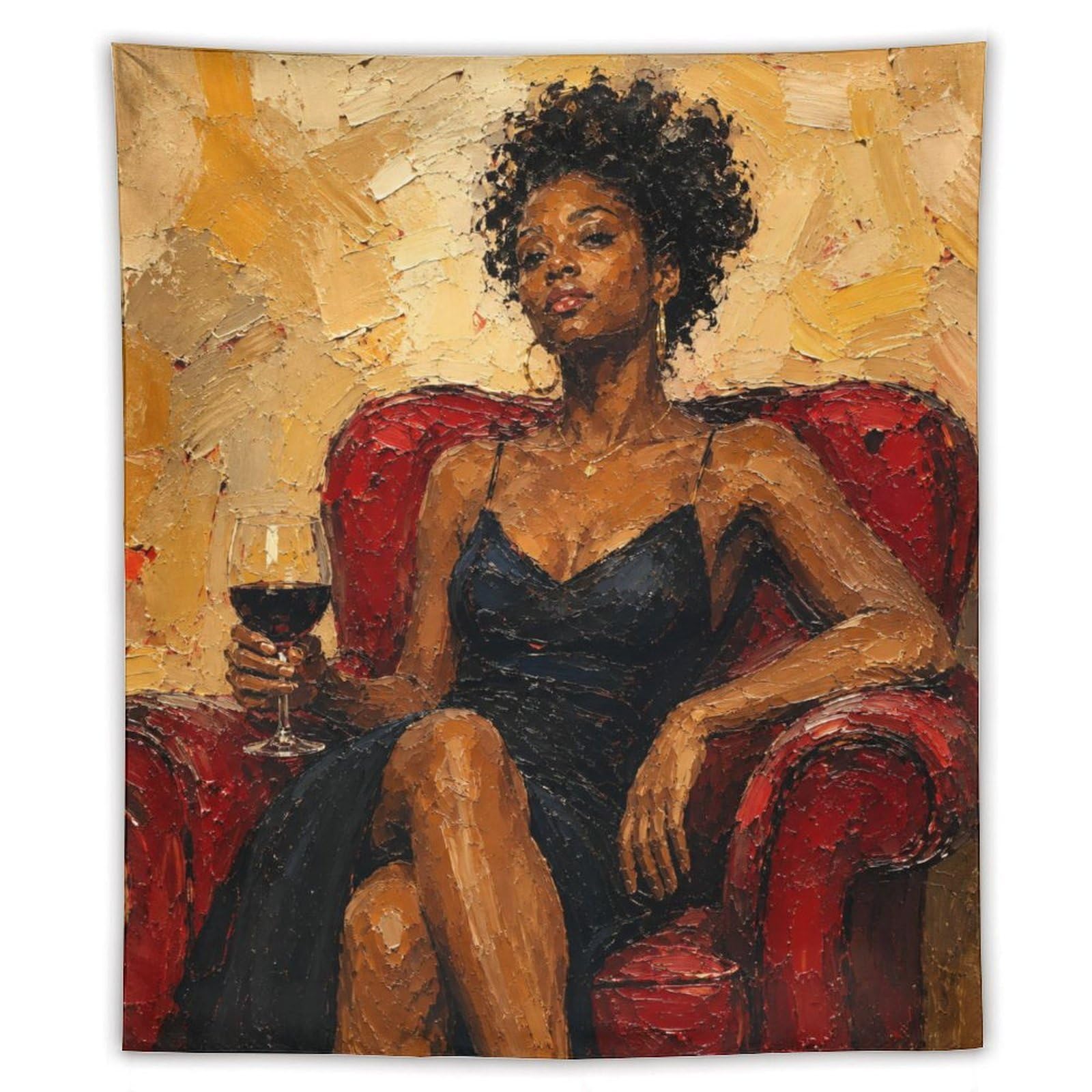 W7C8U2X3 Black Woman with Wine Wall Tapestry, Realistic Illustration Style