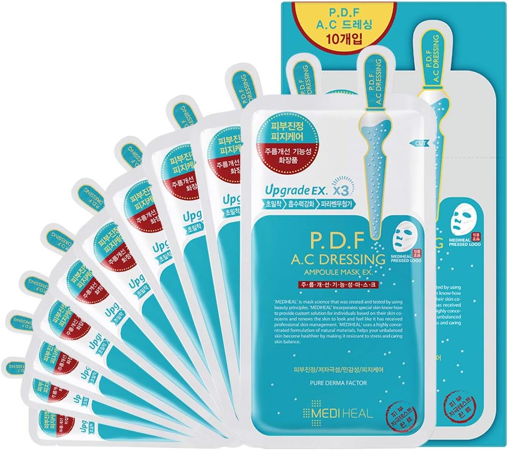 Mediheal P.D.F AC-Dressing Ampoule Mask EX. 10Pack - Acne-Prone Skin and Redness Relief, Calming Blemishes, Sebum Control for Oily Skin