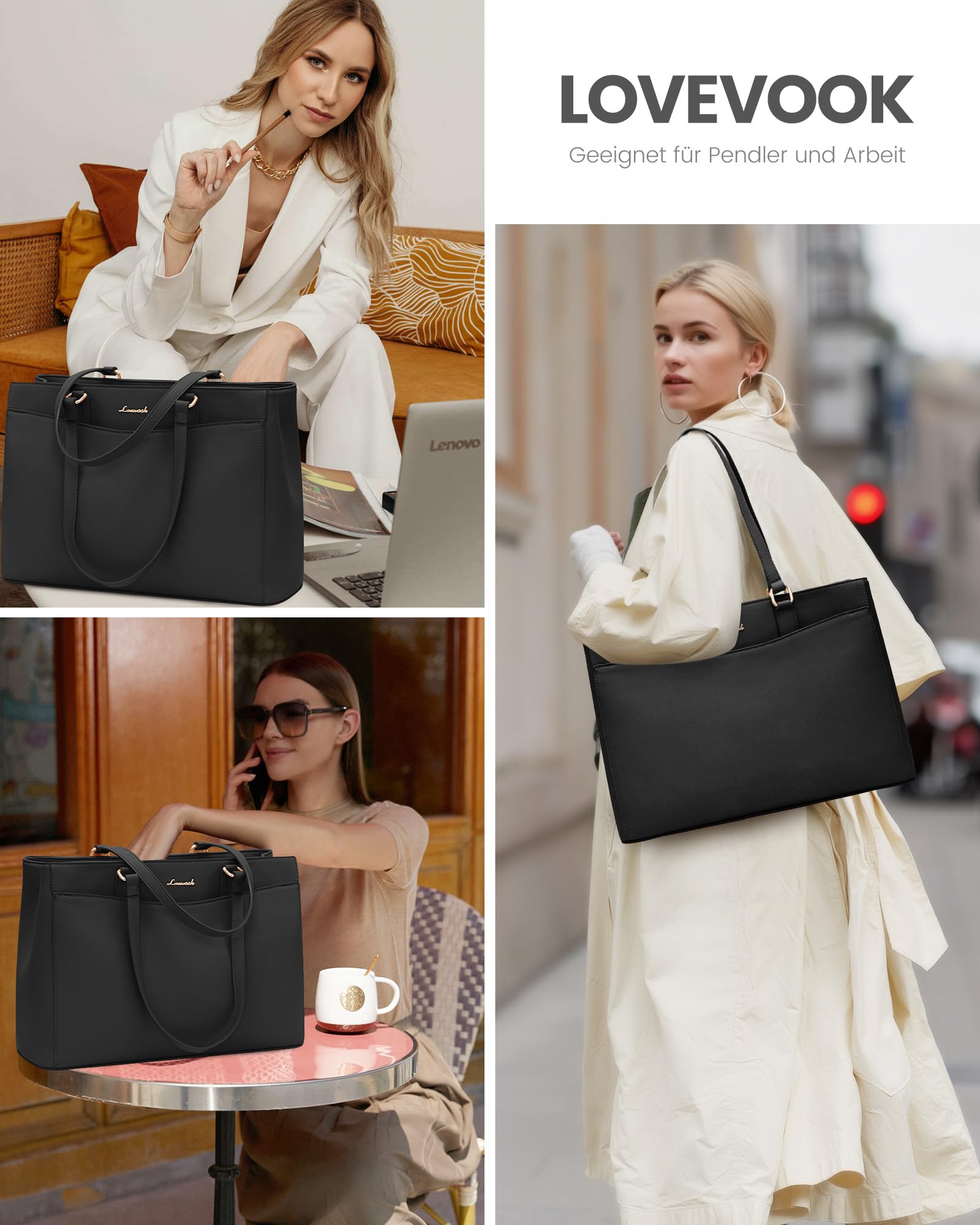 LOVEVOOK Laptoptasche Damen 15,6 Zoll, Leicht Aktentasche Arbeitstasche Handtasche Groß, Elegant Laptop Bag Business Shopper Tasche Lehrertasche Schultertasche Women für Uni Schule Büro, Schwarz