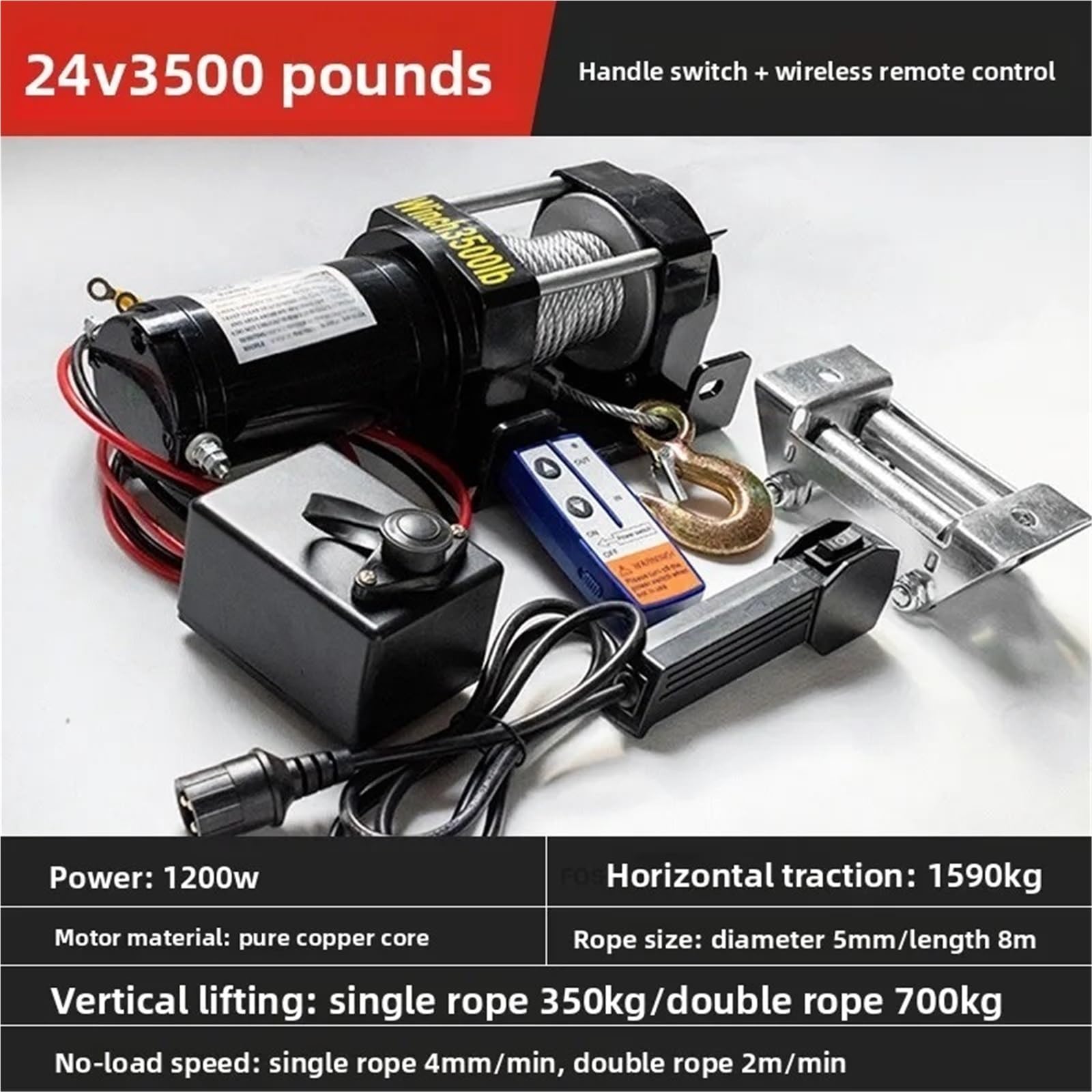 Verricello elettrico Verricelli Per Auto Fuoristrada Verricello Elettrico Per Trazione Montato Su Veicolo 12v Di Sollevamento Per Paranco Industriale(24V-3500LBS)
