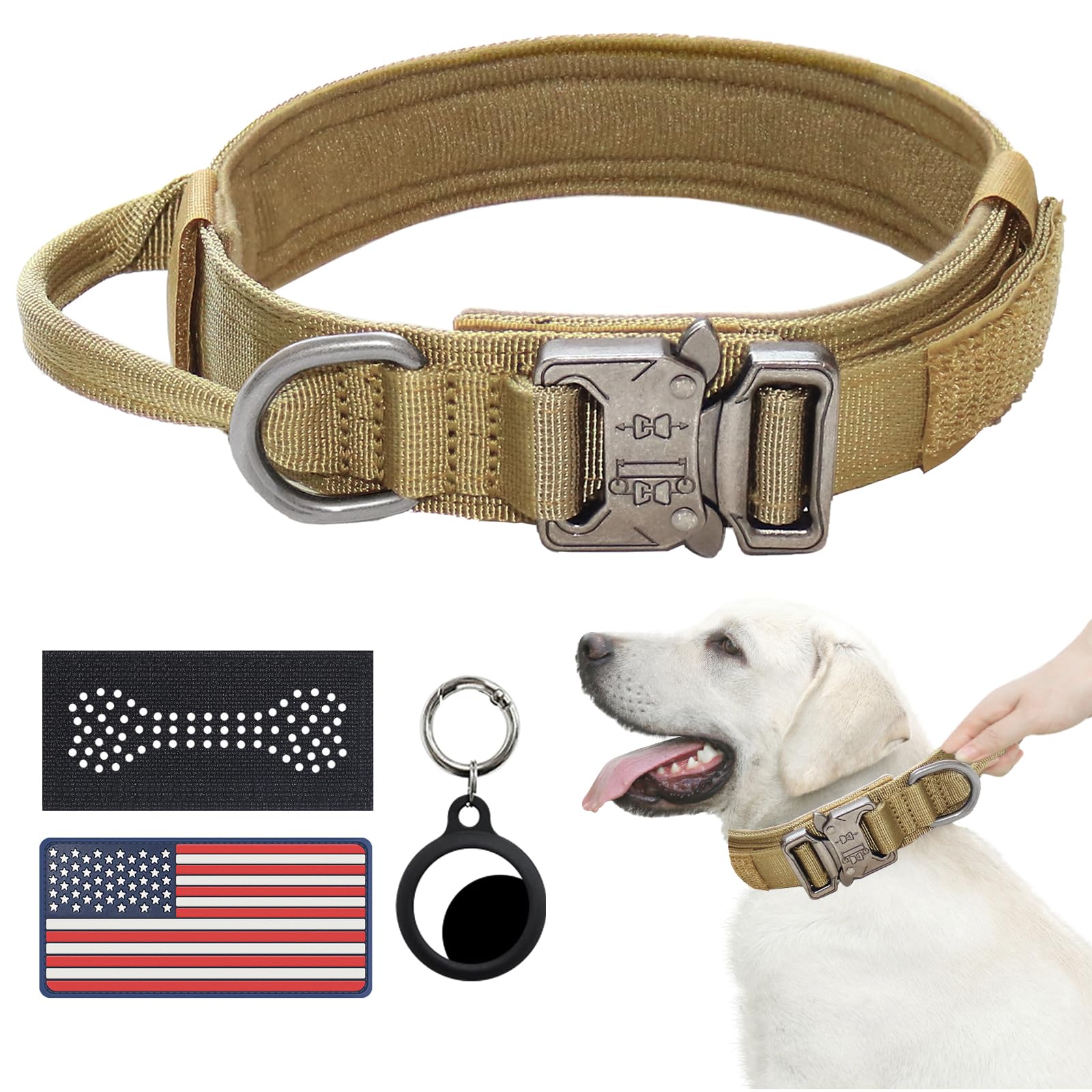 Hotsky Tactical Dog Collar, Adjustable Military Training Nylon Airtag Collar with Handle and Heavy Duty Metal Buckle for Medium Large Dogs, with