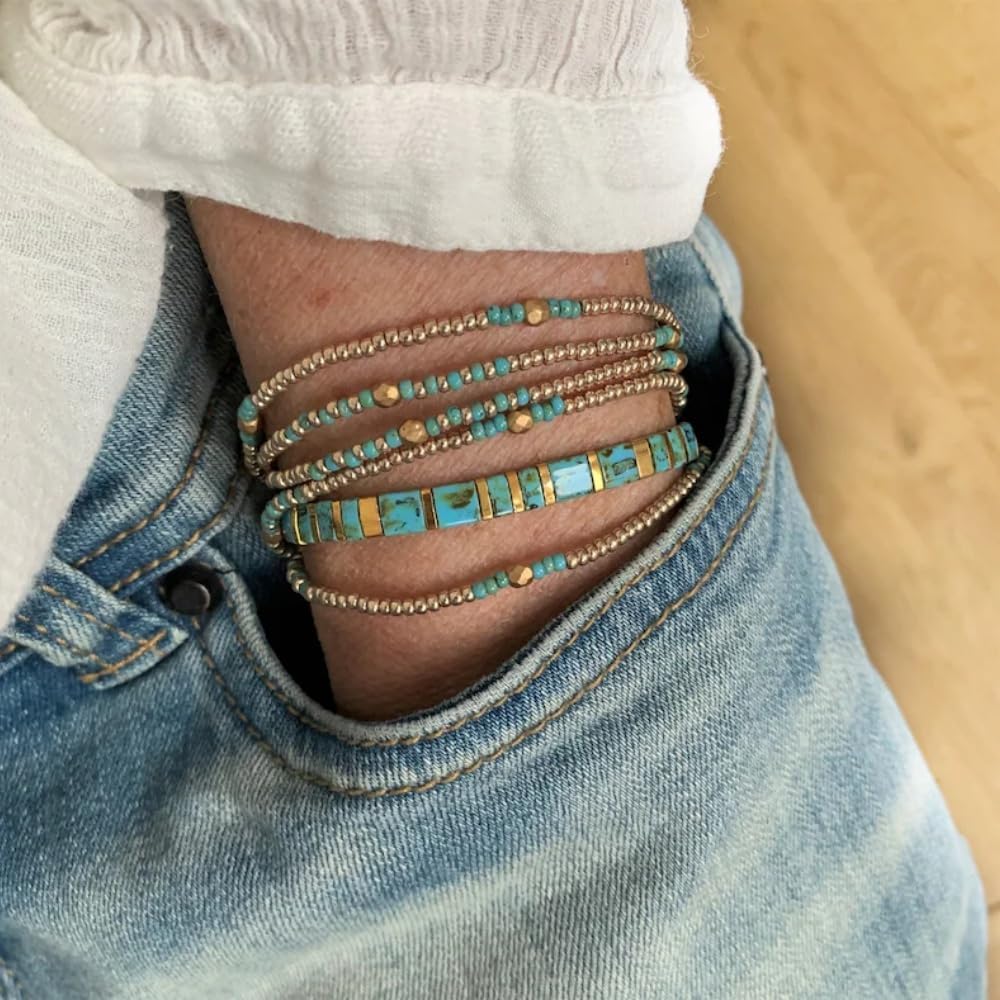 Tila Flat Beaded Bracelets Set for Women,Bohemian Handmade Miyuki Glass Stack Tila Beads Stretch Bracelet Festive Holiday Accessories Jewelry Gift - Image 5